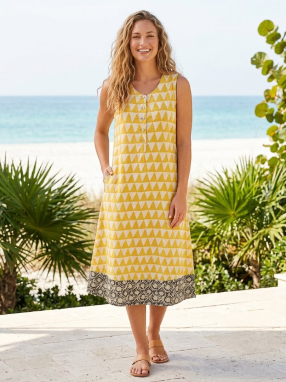 vtg Westside Yellow Mixed Print Cotton Linen Spring Summer Dress medium